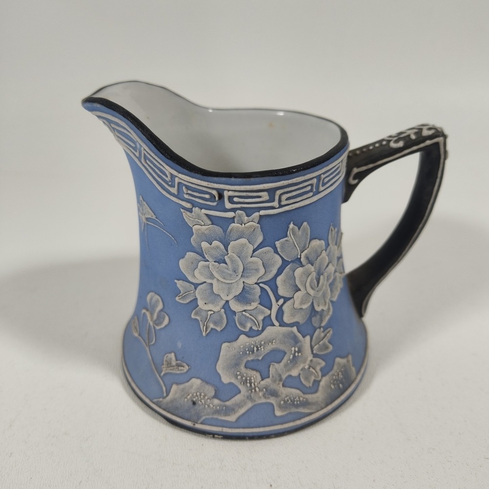 Vintage Blue Jasperware-Style Creamer Floral Design Ceramic